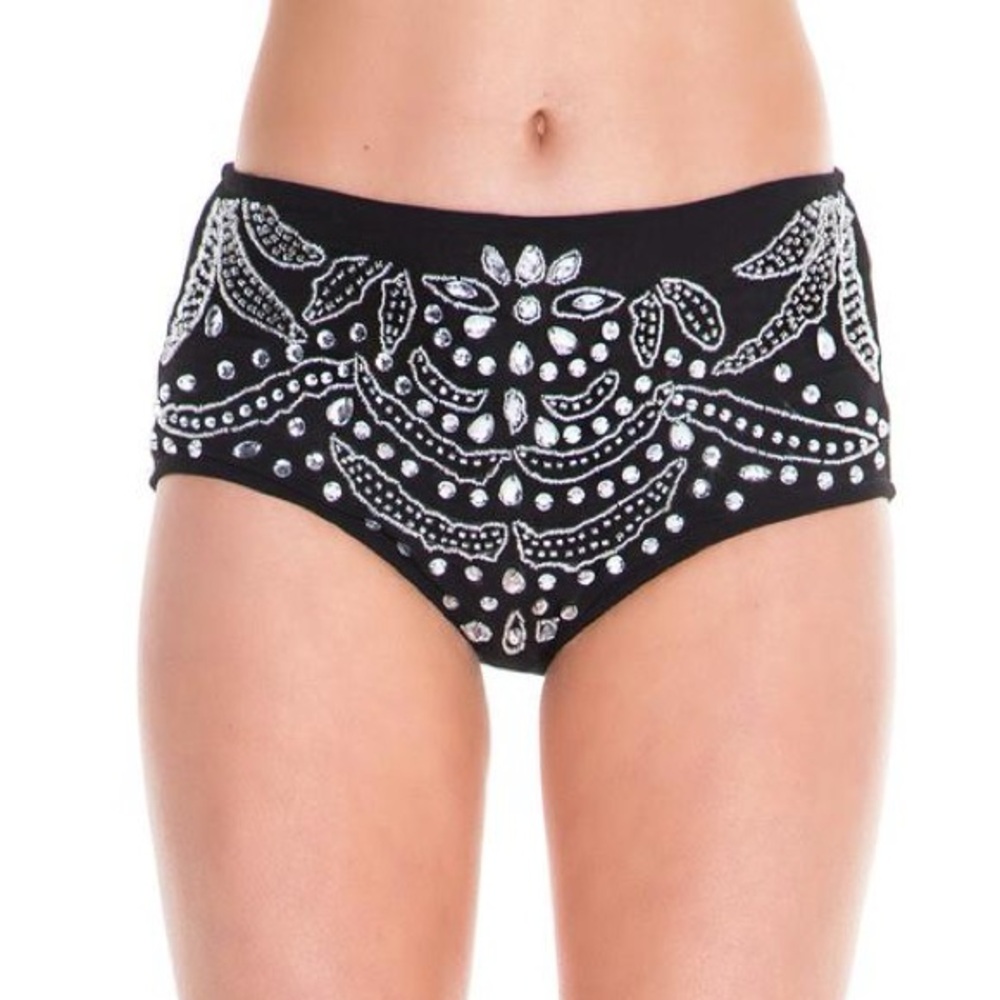 Dolls kill gemstone silver bedazzled black bikini “crystal queen” bottom